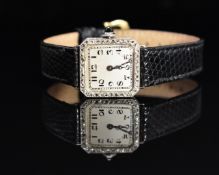 Cartier style Art Deco 18ct gold ladies wristwatch with Arabic numerals, blued Breguet hands, silver