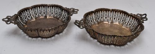 George V pair of hallmarked silver pierced bon bon dishes with ribbon handles, Birmingham 1920,