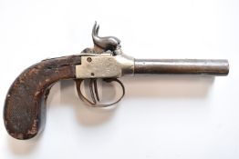 Unnamed side by side percussion hammer action pocket pistol with engraved locks and top plate,