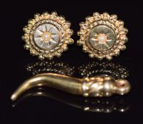 A pair of 9ct gold earrings set with a pearl to each (0.5g) and a yellow metal pendant marked 14k,