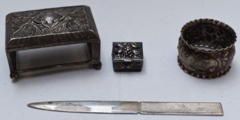 Large hallmarked silver match box holder, length 7.5cm, feature hallmarked silver letter opener,