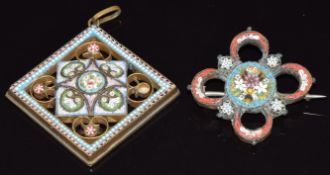 An early 20thC micro mosaic pendant marked F.AP (3.3cm) and brooch, 3.2 x 3cm