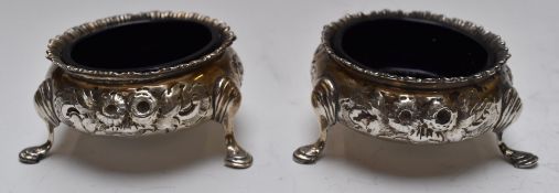 Pair of Victorian hallmarked silver footed salts with blue glass liners, London 1859, maker Robert