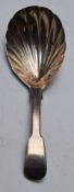Georgian fiddle pattern hallmarked silver caddy spoon with shell shaped bowl, London 1818, maker