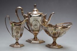 Daniel & Arter silver plated three piece teaset in the neoclassical style, height of teapot 22.5cm