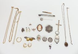 A cameo brooch, Swarovski necklace, white metal pin, silver ring, silver earrings, Victorian