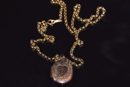 A 9ct gold belcher chain (10.4g) and a 9ct gold back and front locket with engraved decoration