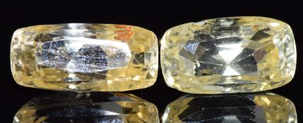 Two loose Ceylon natural untreated cushion mixed cut yellow sapphires of 3.63ct & 4.64ct, with Gem &