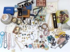 A collection of costume jewellery including beads, Sphinx brooch, silver ring, etc