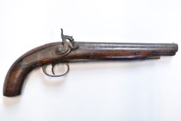 Percussion hammer action pistol with brass trigger guard and mounts and 9 inch smooth bored