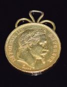 French 1865 Napoleon III 20 FR gold coin with pendant mount, 6.7g