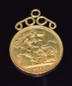 Elizabeth II 1957 gold full sovereign with pendant mount, 8.5g