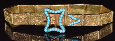 A mid Victorian bracelet made up of rectangular links with engraved decoration, the buckle clasp set