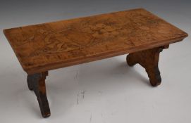 An apprentice piece / miniature fold down / refectory table with merry gnome pokerwork decoration,