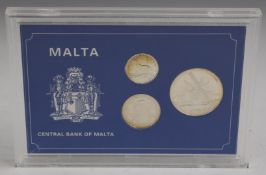 Central Bank of Malta cased three silver coin set in perspex case, 48g