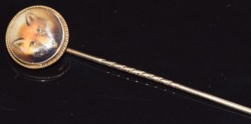 Victorian stick pin set with a painted enamel plaque depicting a fox, in a rope twist border, by