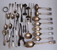 Victorian and later hallmarked silver teaspoons, napkin ring etc, weight 129g, plated basting spoon,