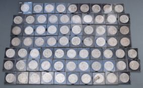 Approximately 70 five shilling UK crown coins comprising 1953 and 1960 examples, all in perspex
