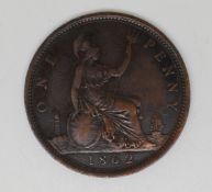 Queen Victoria 1862 older young head penny, beaded border, VF
