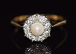 Victorian ring set with a natural pearl surrounded by old cut diamonds, size R, 3.3g