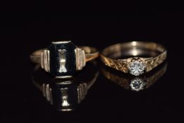 A 9ct gold ring set with a diamond and a 9ct gold Art Deco signet ring , 3.7g, sizes L and O