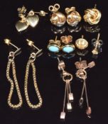 Three pairs of 9ct gold earrings and other earrings, 9g