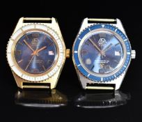 Two Gisa gentleman's diver's style wristwatches each with date aperture and blue dial, one with gold