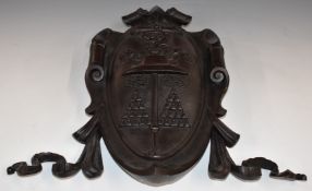 19th or early 20thC continental bronze armorial finial or plaque with scrolling decoration, H42cm