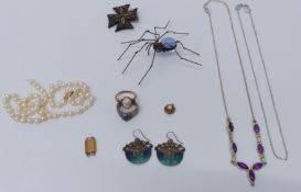 Swarovski necklace, inlaid Victorian tortoiseshell brooch, silver earrings, silver ring, 9ct gold