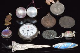 A 1572 hammered silver sixpence, silver watch, Charles Horner enamel brooch, pearl earrings,