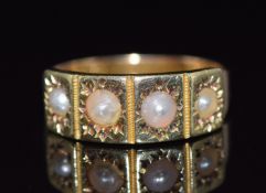 Edwardian 15ct gold ring set with four split pearls, Birmingham 1901, 3.4g, size N