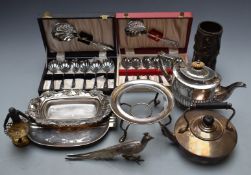 Silver plated ware including a spirit kettle, retriever with duck, teaware, cutlery, lighters,