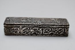 German white metal snuff box with embossed Oriental style scene to lid, maker Simon Rosenam, Bad