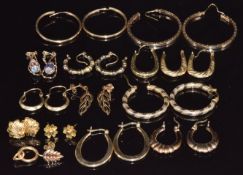 Seven pairs of 9ct gold hoop earrings and 9ct gold stud earrings, 15g
