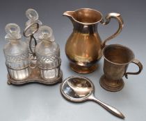 Old Sheffield plate triple decanter stand with cut glass decanters, hallmarked silver hand mirror,