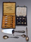 Cased set of hallmarked silver and guilloché enamel coffee spoons, cased set of white metal spoons