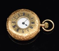 Continental 18ct gold keyless winding open faced pocket watch with blued hands, black Roman