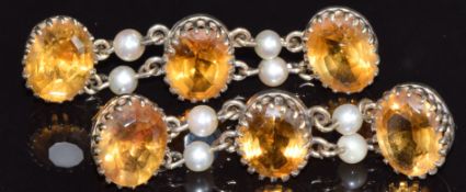 A pair of 9ct gold earrings set with oval cut citrines and pearls, 4.5cm