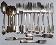 William IV and later hallmarked silver fiddle pattern cutlery comprising nine dinner forks, three