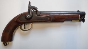 Unnamed percussion hammer action pistol with brass trigger guard and mounts, captive ram-rod, belt