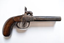 Unnamed side by side percussion hammer action pocket pistol with engraved locks, shaped wooden grips