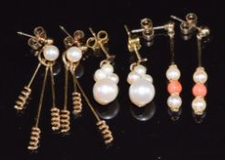 Two pairs of 9ct gold earrings set with pearls and a pair of 9ct gold earrings set with coral and
