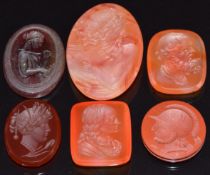 Five agate carved intaglios, largest 3 x 2cm and a glass intaglio