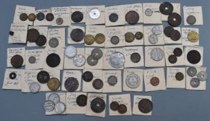A collection of world coins contained in old hand written slips, largely 19th and early 20thC,