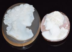 Two c1900 carved agate cameos, one depicting a classical woman, 2.6 x 3.8cm, the other depicting