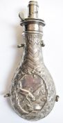 James Dixon and Sons quick loading fireproof plated powder flask decorated with a stag at bay in a
