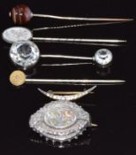 Victorian silver brooch with applied floral decoration, Birmingham 1890, Victorian agate stick