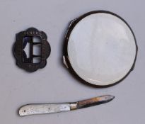 Art Deco hallmarked silver and white guilloché enamel compact, Birmingham 1939, diameter 8cm, mother