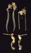 Three pairs of 9ct gold earrings, 2.3g