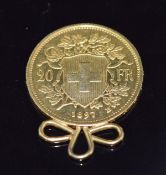 Swiss 1897 20 FR gold coin with pendant mount, 6.8g